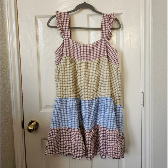 Boutique Gingham Blue Yellow Brown Plaid Ruffle Tiered Mini Dress XL - Picture 2 of 9